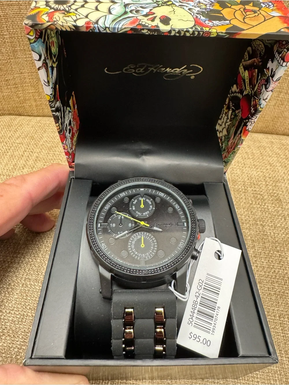 Ed Hardy Men’s Quartz Multifunction 24-Hour Black Dial Rubber Strap…Retails $95